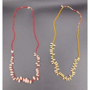 Vintage Beaded Cowrie Shell Necklace Handmade Lot of 2 Red Orange White